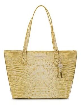 Brahmin Rich Pale Yellow Croc-Embossed Leather Tote with Tassel Charm